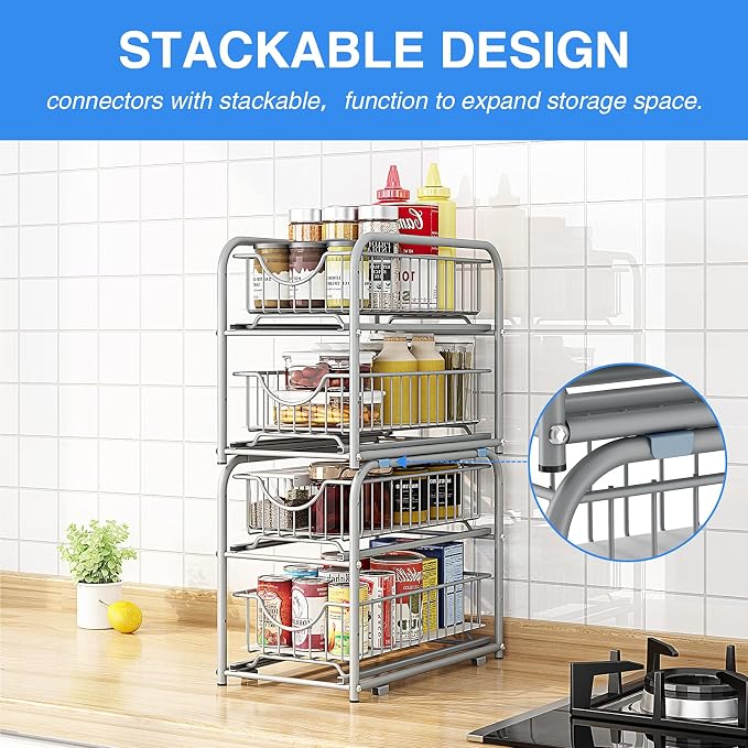 under sink storage 2 Tier Stackable Sliding Basket Organizer Drawer For Kitchen And Bathroom/Cabinet Drawers,silver