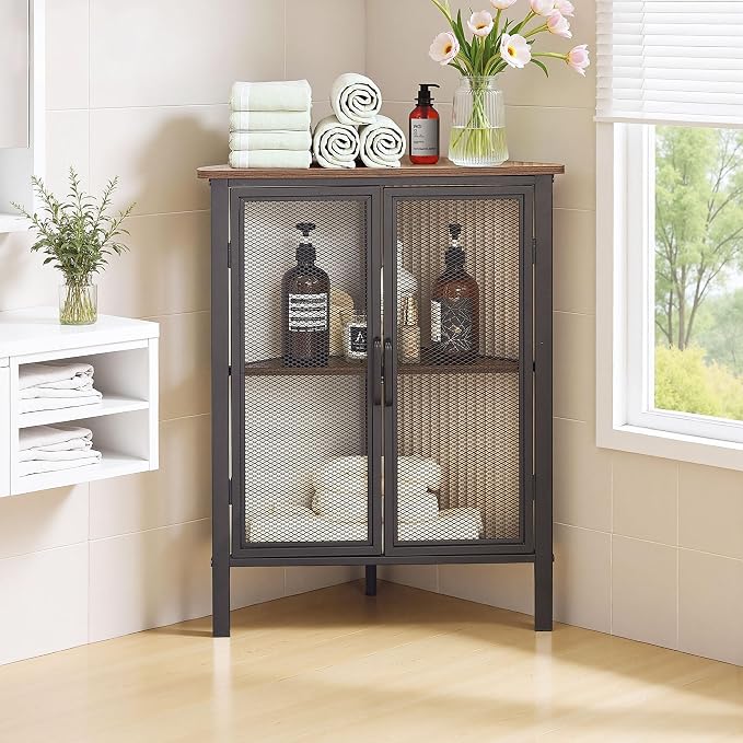 VECELO 3-Tier Corner Table,Cabinet with Mesh Door,Corner Shelf Stand,Metal Frame Storage Shelf Organizer Display Shelves for Wall Corner,Living Room,Bedroom Kitchen,Bathroom