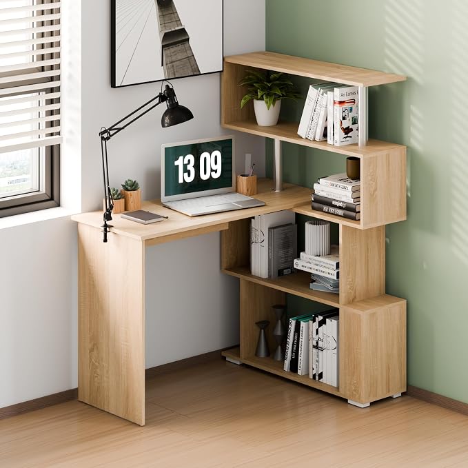 Mondeer L Shaped Computer Desk, Corner Desk, 360 Degree Rotatable, Space Saving Table with Spacious Storage for Home Office Workstation Study, 157 x 45 x 130.5 cm, Oak