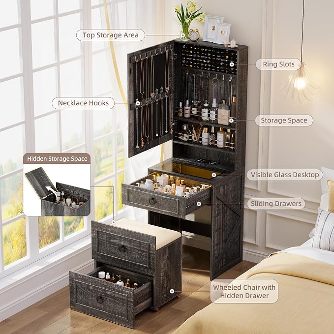 Gurexl 3 in 1 Small Vanity Desk with Lights and Mirror,Tall Lighted Compact Vanity with Charging Station,Makeup Vanity Set with Jewelry Armoire,Glass Top,Wheeled Stool,3 Drawers, Rustic Oak