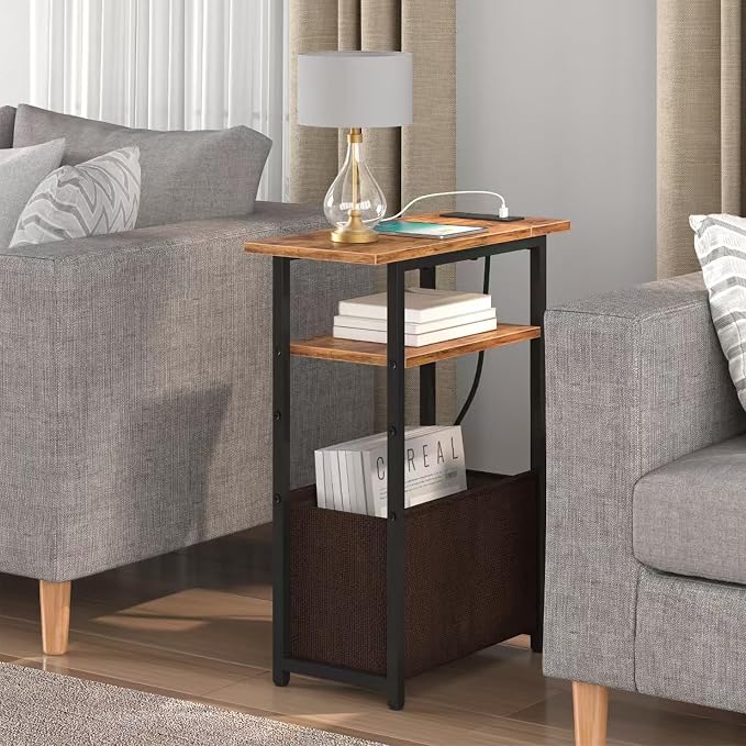 sthmec Narrow Side Table with Charging Station, Small End Table for Small Spaces, Skinny Nightstands with Storage Basket, 3 Tier Sofa Couch Bedside Tables for Living Room,Bedroom, Rustic Brown