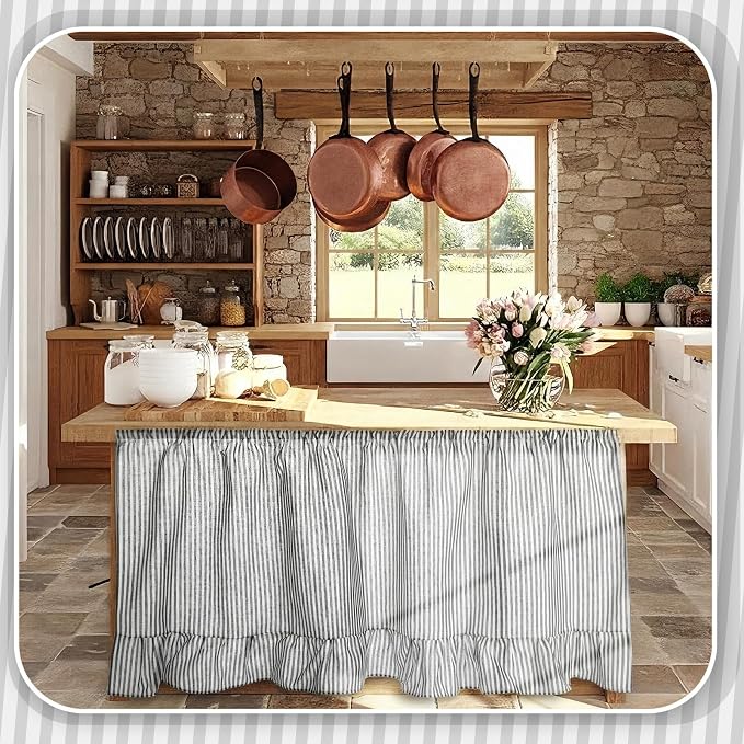 VitalCozy Cabinet Curtain 28" W x 51" L Grey Ruffles Sink Skirt for Bathroom Kitchen Grey Strips Short Curtain for Home Classroom Drape Under Desk Privacy Drape for Laundry Room