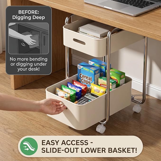 PureBox 2-Tier Metal Rolling Utility Cart with Slide-Out Drawer,Sturdy Solid Board Utility Cart for Under Desk,with Lockable Wheels Mobile Storage Organizer for Office,Living Room,Kitchen,Cream White