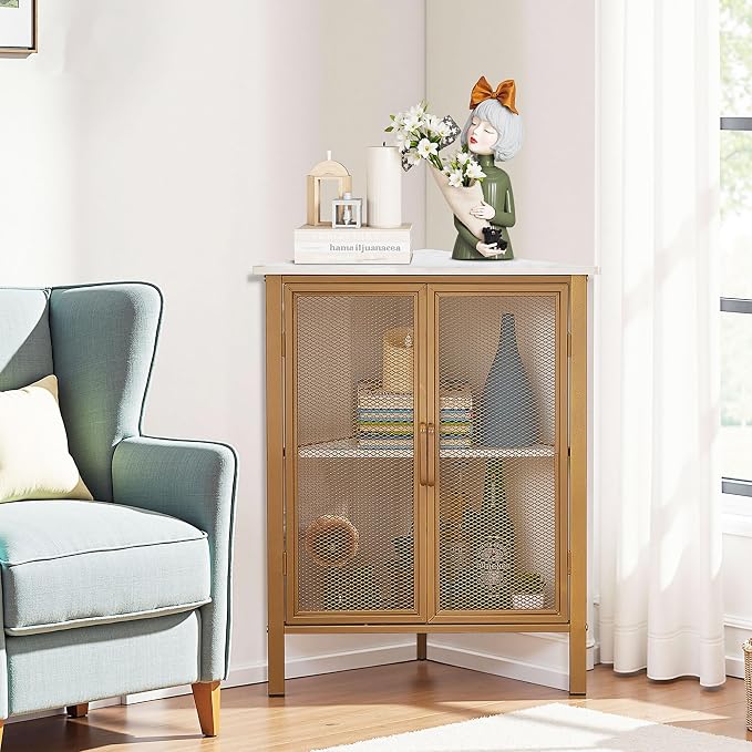 VECELO 3-Tier Corner Table,Cabinet with Mesh Door,Corner Shelf Stand,Metal Frame Storage Shelf Organizer Display Shelves for Wall Corner,Living Room,Bedroom Kitchen,Bathroom