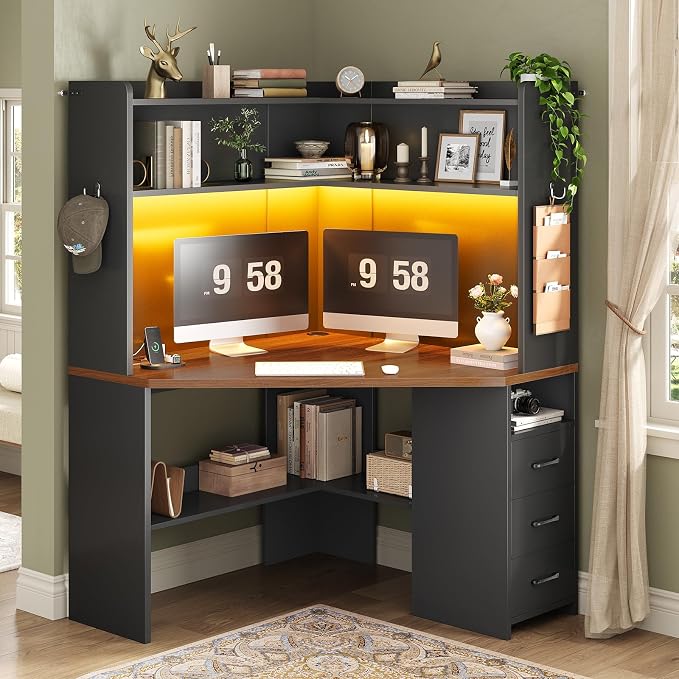 SEDETA 31.5" Corner Desk for Small Space, Corner Gaming Desk with 3 Drawers & LED Lights, Corner Desk with Hutch, Corner Computer Desk with Storage Shelves for Home Office, Black + Brown