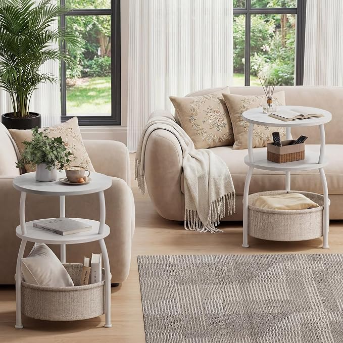 Round Side Table with Fabric Basket, Small Space Saving End Table 3-Tier Bedside Corner Table for Living Room, Bedroom, Garde Rustic Matte White 15.75in