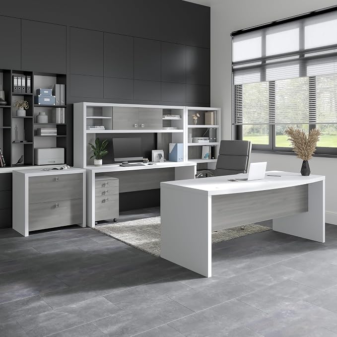 Bush Business Furniture Echo Desk Return/Bridge, Pure White and Shiplap Gray