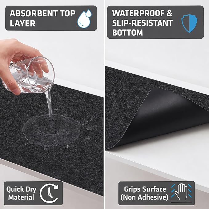 Drymate Premium Luxury Shelf & Drawer Liner, Thick Cushioned Fabric, Non-Adhesive, Absorbent, Waterproof, Slip-Resistant, Liners for Kitchen Cabinets, Cupboards (USA Made)(11”x50”)(2-Pack)(Charcoal)