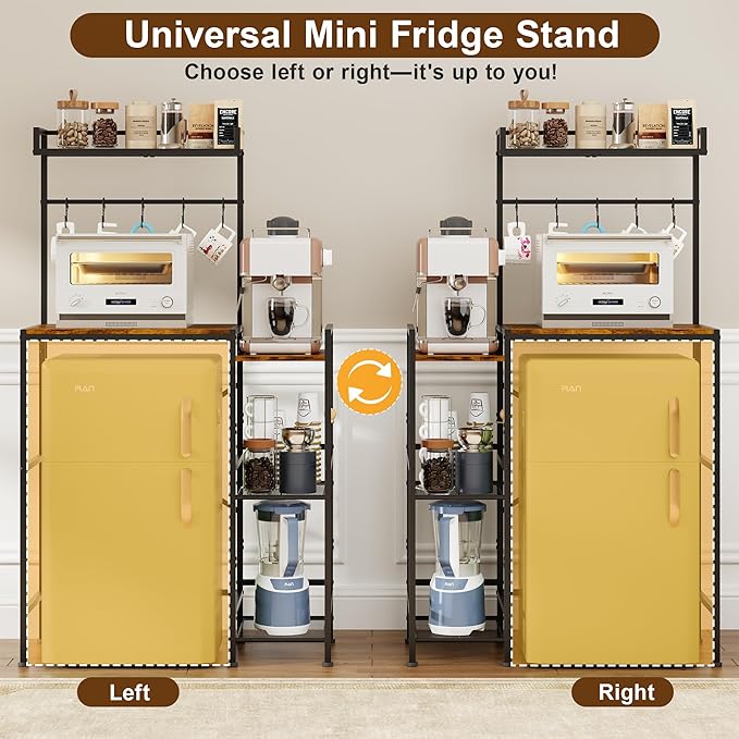 Mini Fridge Stand with Storage Shelves, Kitchen Bakers Rack, Coffee Bar, Microwave Oven Stand, Wine Cabinet, Refrigerator Stand with 5 Lockable S Hooks for Dorm, Apartment, Living Room, Office