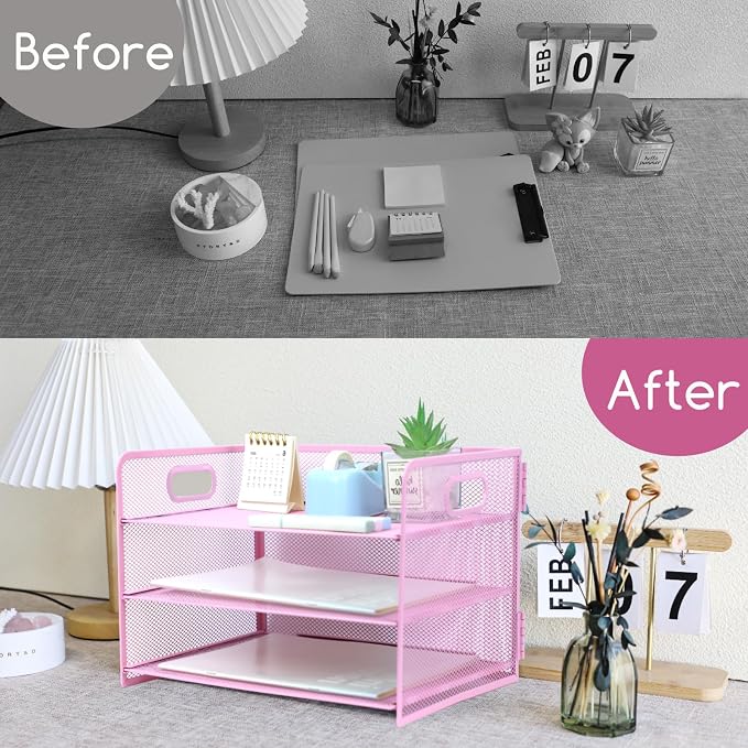 3 Tier Lettrer Tray Organizer with Handle, Metal Mesh Desk File Organizer with Sliding Trays, Paper Sorter Desk for Home Office School, Pink