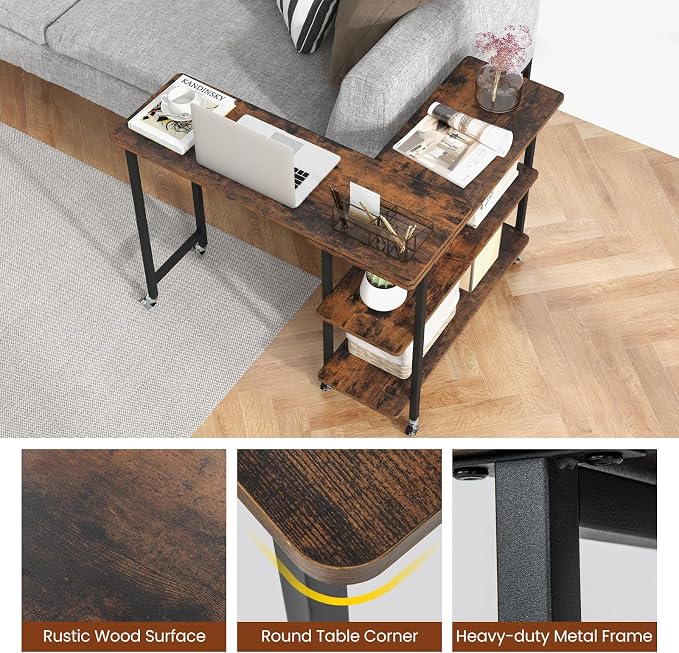 Tangkula 360° Rotating Sofa Side Table, Patented Mobile End Table with 2-Tier Storage Shelves, Swivel Rolling Desk with 6 Lockable Wheels, Metal Frame, Movable Laptop Table Couch Snack Table for Home