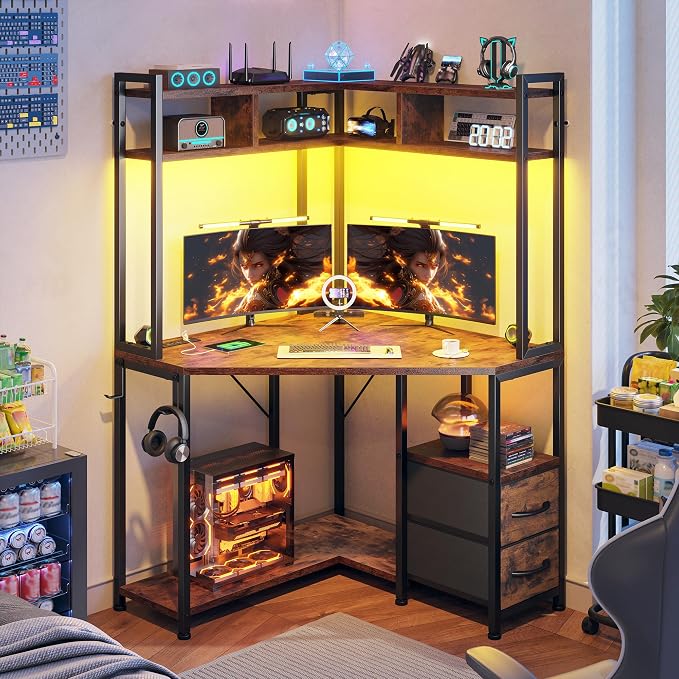 DurayLoly 63" Triangular Corner Desk with Hutch,Ample Storage for Small Room,Spacious 36" W Desktop,2 Fabric Drawers and Bottom Wooden Shelves,Versatile Computer Desk that Meets All Your Needs,Brown