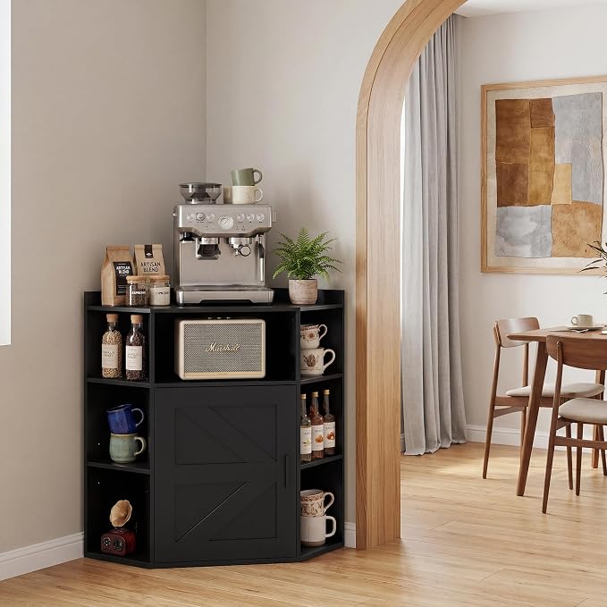 VECELO Corner Storage Cabinet with Charging Station, 34" Shelf with Door & Adjustable Shelves, Organizer for Living Room, Office & Gaming Setup, Fits Monitors up to 43" TV, Black