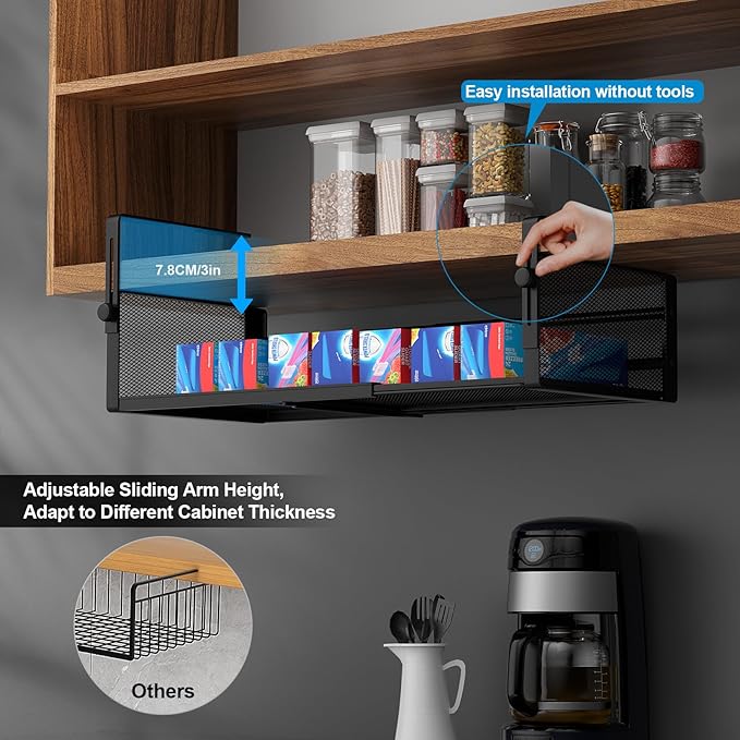 AmonHouseware 2Pack Under Shelf Basket, Adjustable Hanging Under Cabinet Shelf Storage, Hanging Holder Length Stretchable 14.9-22.6Inch for Kitchen Pantry Desk Counter Bookshelf Cupboard (Black)