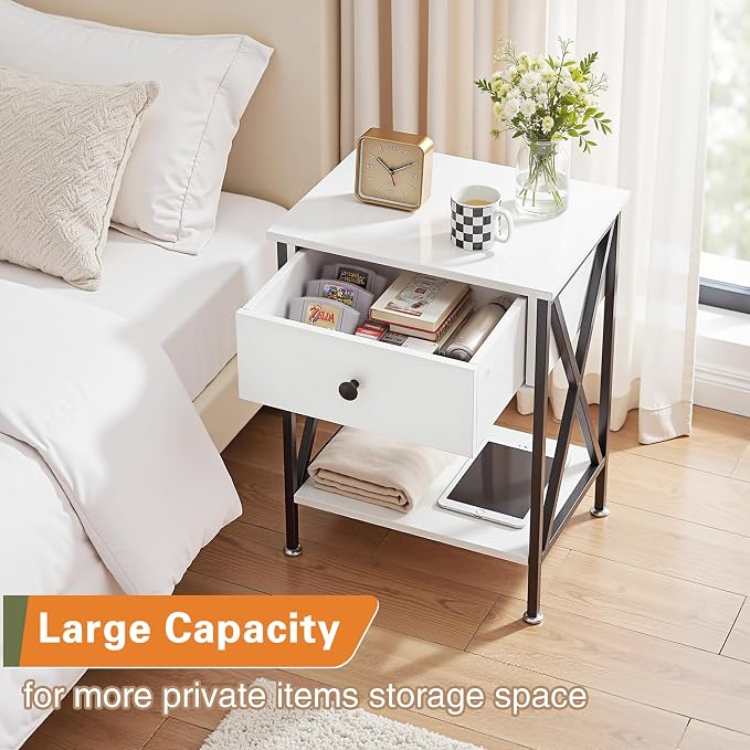 VECELO Night Stand with Drawer, 2 Tiers Storage Shelves End Table, Small Side Table for Small Spaces,Night Stand for Living Room, Bedroom, White