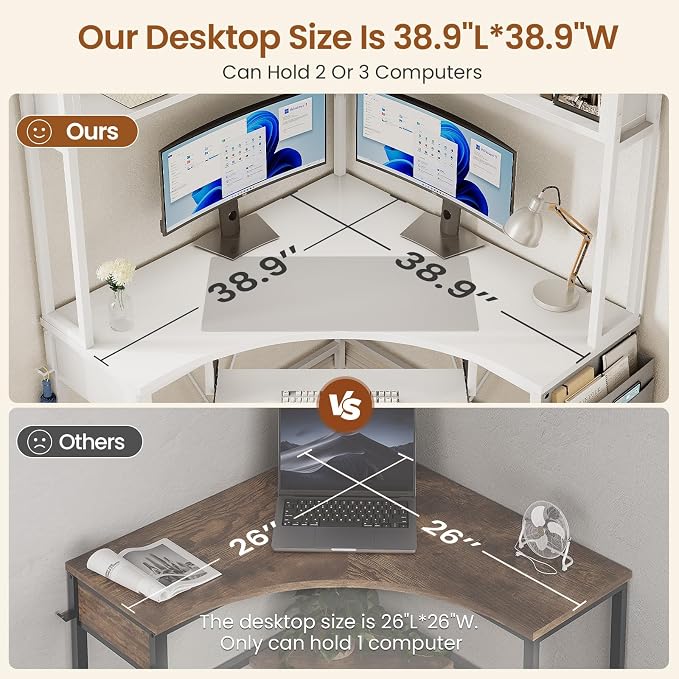SEDETA Corner Desk, 39" W x 62" H Small Office Desk with Hutch & LED Lights, Triangle Gaming Computer Desk with Keyboard Tray, Storage Bag, and Headphone Hook for Small Space, White