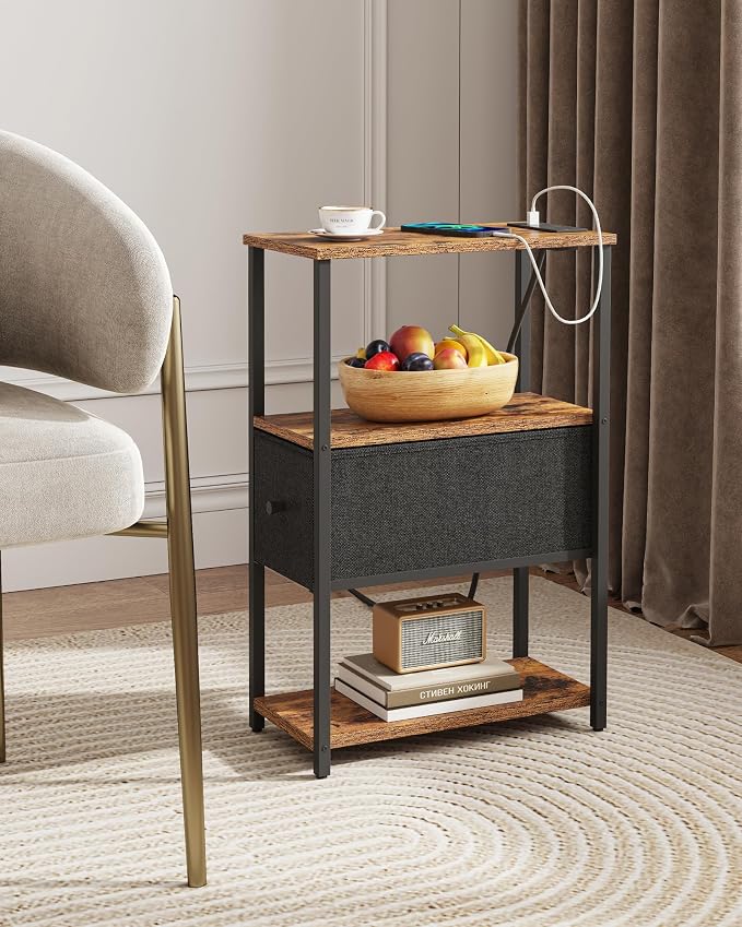 TUTOTAK Small Narrow End Table with Charging Station, Set of 2, Side Table with Outlets, Nightstand with Cloth Drawer, Couch Table, for Living Room, Bedroom, Bedside, Brown and Black TB01BB058K