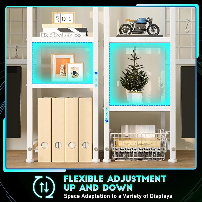 REIBII Desk Shelf with LED Light Strip,Adjustable 45.1" Desk Hutch Dorm with 5 Tier Display Shelf Rack,Desktop Bookshelf with Grid Panel & Hooks for Home, Office and Dorm, White
