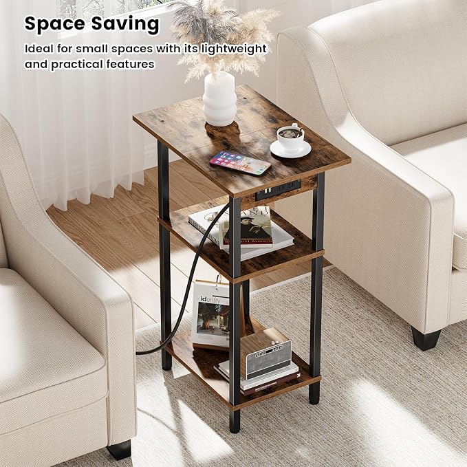 Asgolion Tall End Table with Charging Station, Skinny Nightstand with USB Ports and Outlets, 3 Tier Narrow Side Table with Storage for Bedroom, Living Room, Office, Rustic Brown and Black