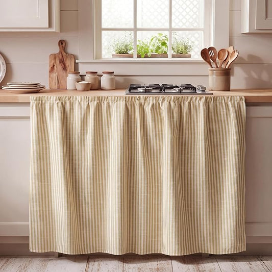 VitalCozy Cabinet Curtain 28" W x 35" L Sink Skirt for Bathroom Kitchen Brown Stripes Spring Short Curtain for Home Classroom Farmhouse Rustic Drape Under Desk Privacy Drape for Laundry Room