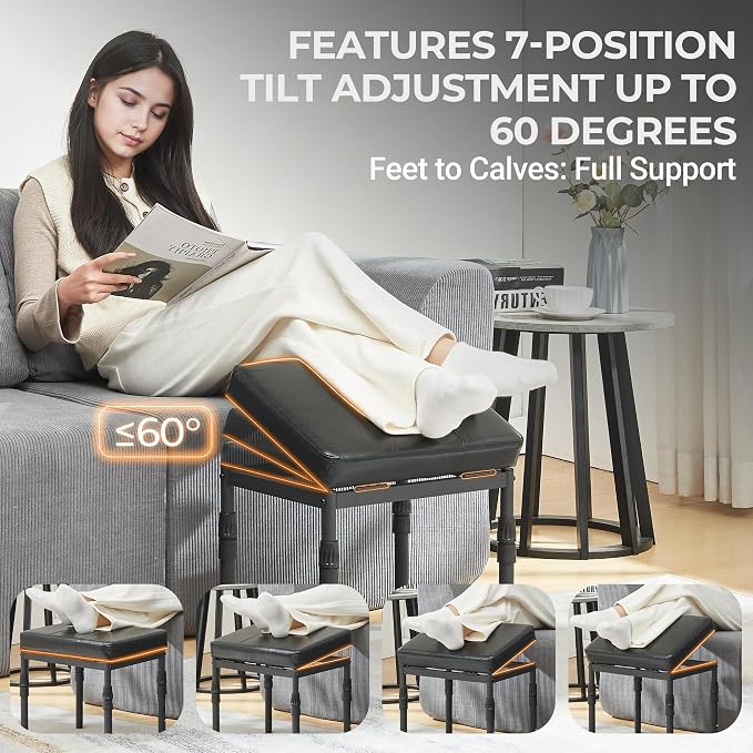 TIOPGHAD Adjustable Ottoman Pouf, 4 Height Position & 60 Degree Tilt Angle Synthetic Leather Ottomans Foot Stools Stool Pouffe FootStool Under Desk for Living Room Home Office(Black Synthetic Leather)