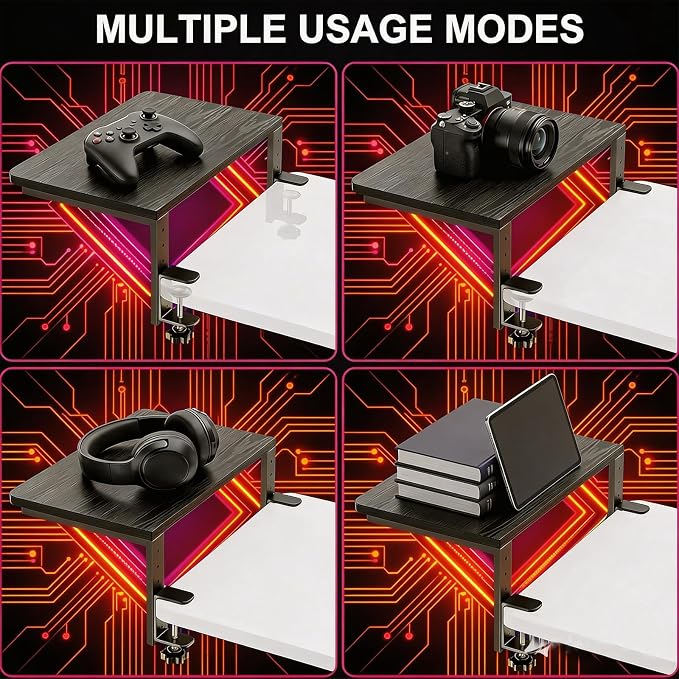 Clamp On Desk Extender, Monitor Riser Shelf, 44 lb Load | Height options, No-drill setup, Heavy duty frame, Office station, Gaming PC area, Home workspace, Storage layer, Black finish