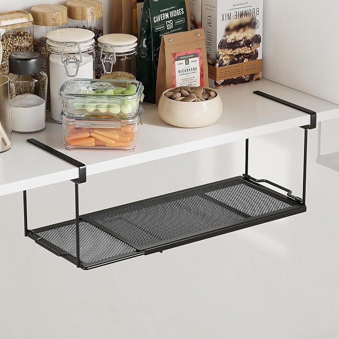2 Pack Expandable Under Cabinet Shelf, Under Shelf Storage with 0.94 Inches Thick Clips for Kitchen Cupboard, Metal Hanging Under Desk Basket for Laundry Room, Shoe Rack