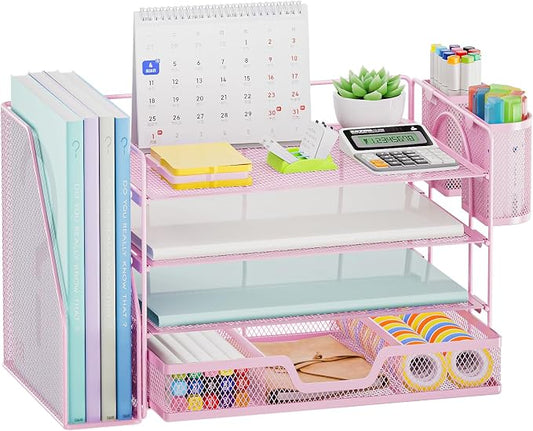 Marbrasse Desk Organizer and Accessories，4-Tier Paper Letter Tray Organizer with File Holder, Workspace Desk Organizers Accessories with Drawer and 2 Pen Holder (Pink, 15.4" x 9.1" x 8.3")
