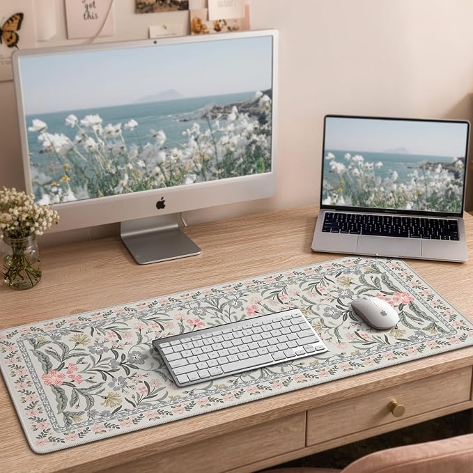 iCasso Aesthetic Floral Desk Mat, L Mouse Pads, Anti-Slip Mousepad with Stitched Edges, Waterproof Computer Pad 11.8"x31.5", Desk Accessories Office Decor for Women(Gray Floral)