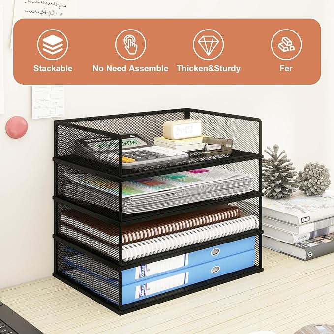 Natwind 4 Tier Letter Trays, File Trays for Desk Stackable,Desktop Paper Organizers for Office Supplies, Metal Mesh File Organizer，Office Organizer，Letter Trays for Home, Office, School，Black