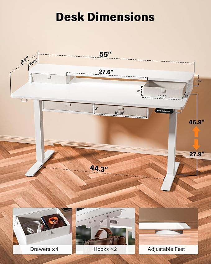 FiCiHi Electric Standing Desk with Four Drawers, 55 x 24 Inch Adjustable Height Sit Stand Desk, C-Clamp Compatible Home Office Desk with Storage Shelf & Monitor Stand Riser, White