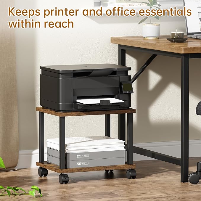 Asgolion Small Printer Table, 2-Tier Under Desk Printer Stand, Printer Stand with Wheels, Printer Shelf for Small Spaces, Printer Cart for Home Office, Rustic Brown