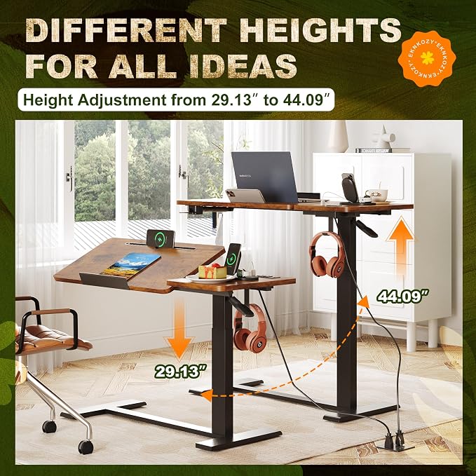 Standing Desk, Medical Overbed Table with Rolling Tray and Power Outlet, Dual Pneumatic Angel and Height Adjustable Desk, Portable Side Table with Drawer, for Home & Hospital, Rustic Brown