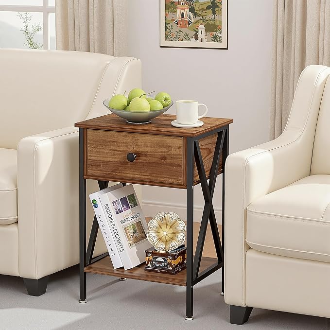 VECELO Night Stand with Drawer, 2 Tiers Storage Shelves End Table, Small Side Table for Small Spaces,Night Stand for Living Room, Bedroom,Brown