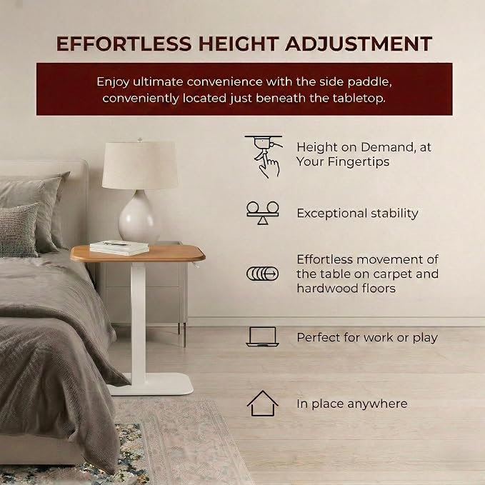 Elevance Height Adjustable Side Table, White Base, Golden Maple Top | Sofa Laptop Table for Couch & Bed | Small C-Shape End Table for Home or Office