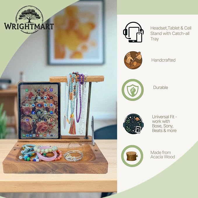 Solid Acacia Wood Multiple Headphone Stand – Multi-Device Holder for iPad, iPhone, Tablets & Phones, Desk Organizer with Tray, Pen & Pencil Holder, 1.5" Thick Base, Wooden Tech Dock