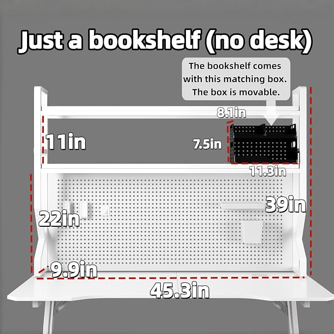 Desktop Hutch Bookshelf,Many Gifts,Metal Desktop Bookcase with pegboard, Desk Shelf White, Countertop Storage Organizer Rack for Dorm or Office,Desktop Shelves(White, 45.3" Lx9.9 Wx39 H)