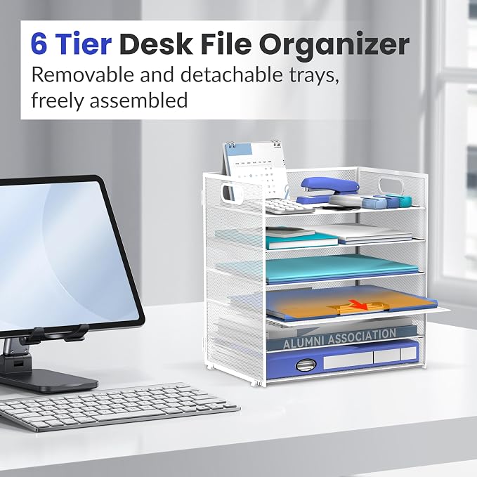 Daltack 6 Tier Paper Organizer for Desk, Paper Letter Tray Organizer for Desks, Mesh Desk File Organizers with Handle for Office, Home, School, White