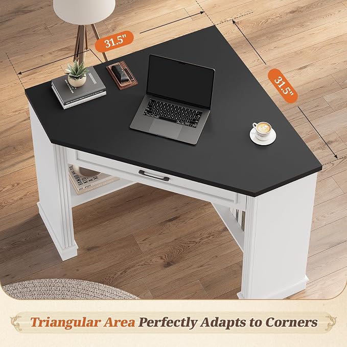 SEDETA 31.5" White Corner Desk, Small Corner Desk for Small Space, Farmhouse Triangle Computer Desk with Drawer and Storage for Home Office, Living Room, Bedroom, Vanity Desk