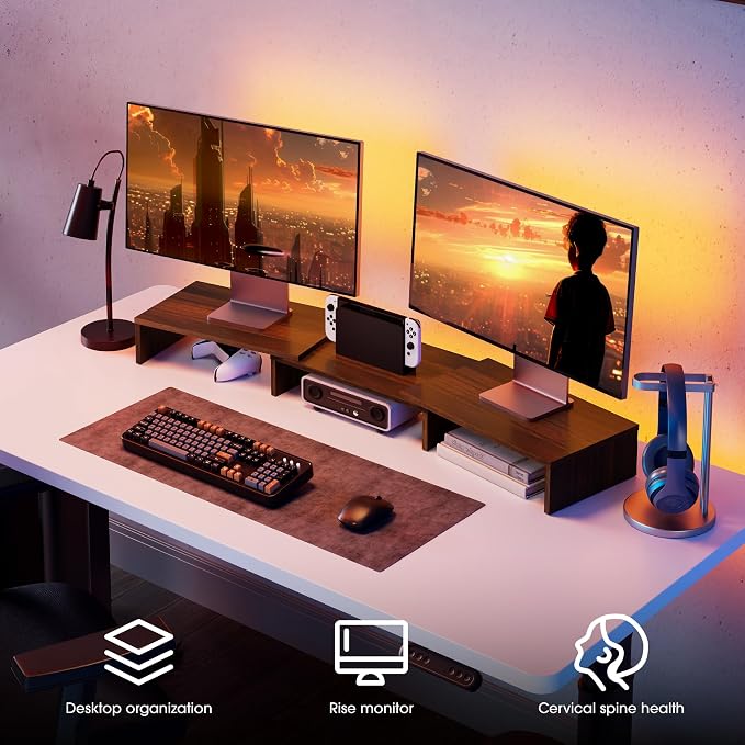 FITUEYES Dual Monitor Stand – 3 Shelf Computer Monitor Riser, Wood Desktop Stand with Adjustable Length and Angle, Desk Accessories, Office Supplies Medium Brown, DT108002WB