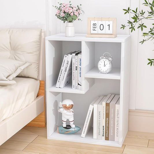 VECELO 15.7" Open Bookshelf, Waterproof Particle Board Asymmetrical Split Cubby Storage Organizer, White Uneven Compartment Display Cube for Tall Books, Bedroom Dorm Office