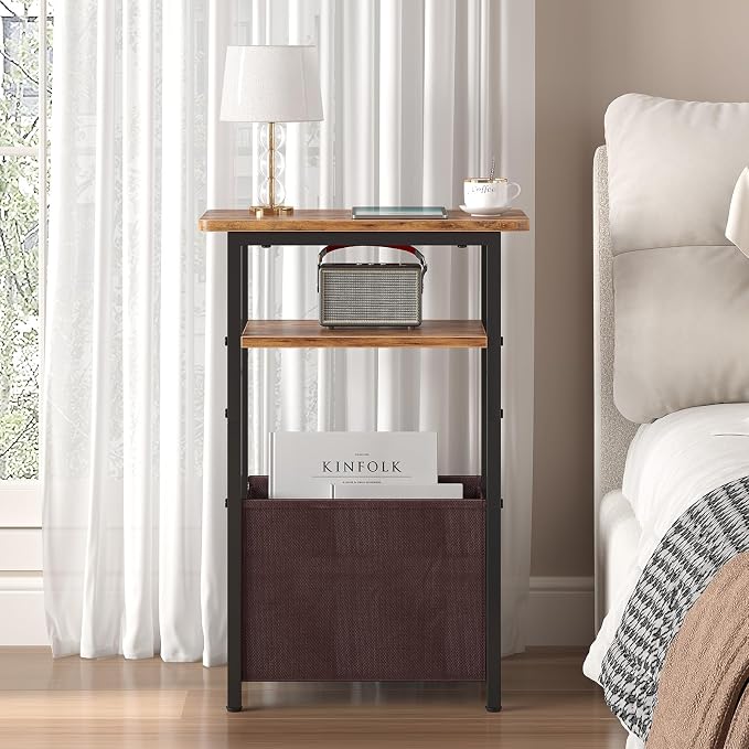 sthmec Narrow Side Table Set of 2, Skinny End Tables with Fabric Basket, Small Side Tables for Small Space,2-Tier Open Shelves with Basket, Slim Nightstands Set 2 for Bedroom,Livinroom, Rustic Brown