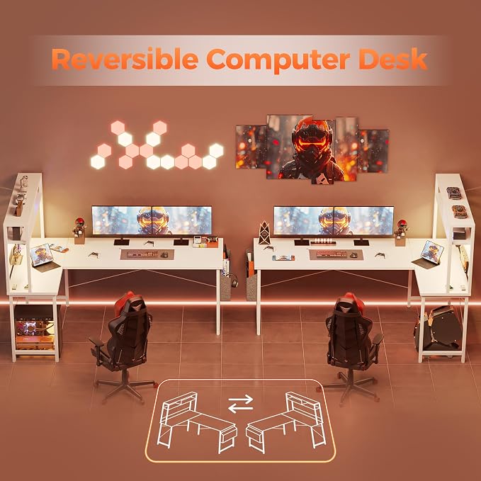 Mericonia 59 inch Large L Shaped Desk with Pegboard Hutch & Shelves, Corner Gaming Desk with Power Outlet, LED Light & Storage Bag, Reversible Computer Desk for Home, Bedroom, Office Workspace, White