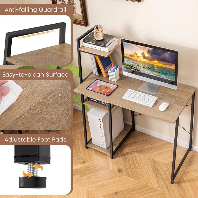 Tangkula Computer Desk with Shelves, Space Saving Home Office Desk with 3-Tier Ladder Shaped Storage Bookshelf, Modern Writing Study Desk with Metal Frame, Compact Computer Workstation (Natural)
