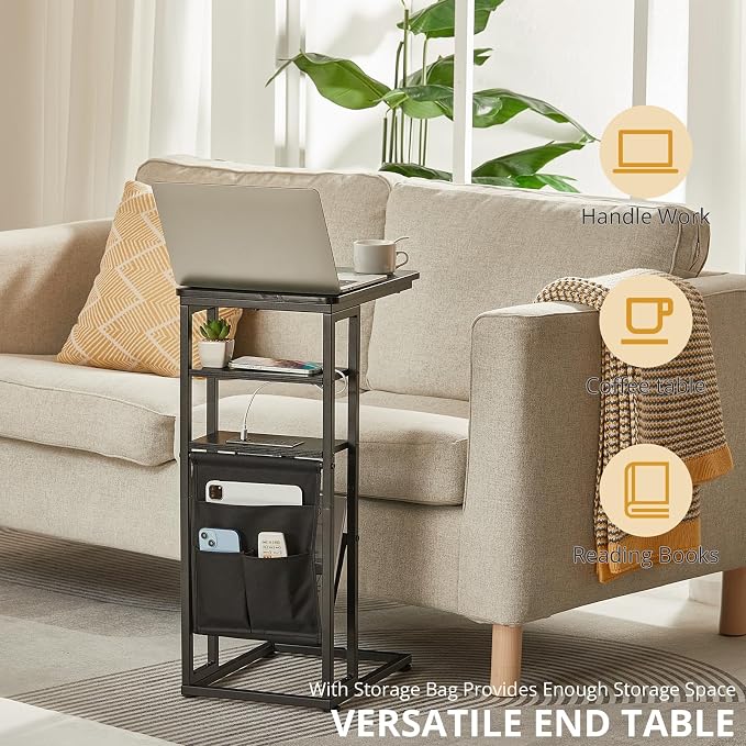 C Shaped End Table with Charging Station, 28"(H) 3-Tier C Table with Storage Bag, Under Couch Table C-Shaped End Table with Storage Shelves and Bag for Living Room, Bedroom, or Office