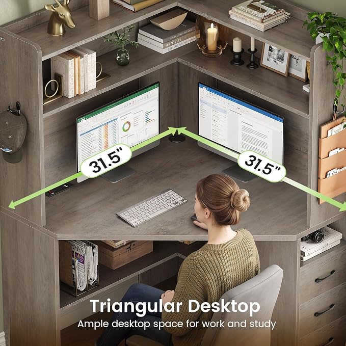 SEDETA 31.5" Small Corner Desk, Farmhouse Corner Desk with Hutch & 3 Drawers, Corner Desk for Small Space, Small Corner Computer Desk with Storage Shelves & LED Lights for Home Office, Grey