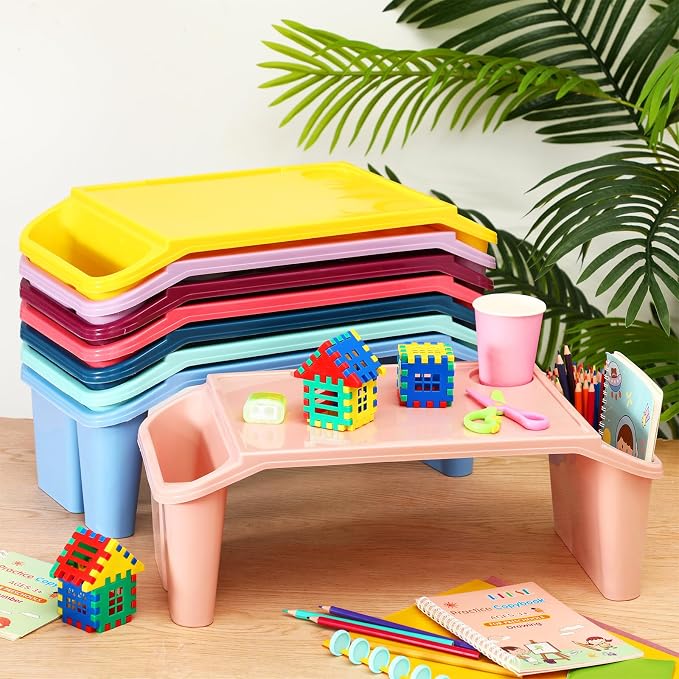 Beeveer 8 Pcs Kids Lap Desk Tray Bulk 19.7x9.6x7.1in Portable Lap Tray for Kids Plastic Table with Side Storage Space for Bed Classroom Laptop Children Car Activity Eating Floor (Cute Colors)