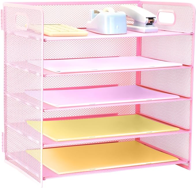 5 Tier Lettrer Tray Organizer with Handle, Metal Mesh Desk File Organizer with Sliding Trays, Paper Sorter Desk for Home Office School, Pink