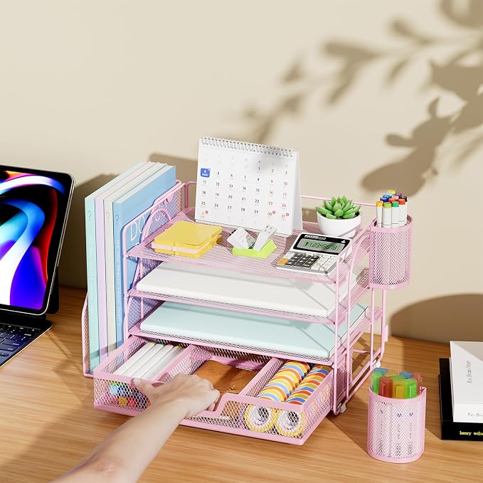 Marbrasse Desk Organizer and Accessories，4-Tier Paper Letter Tray Organizer with File Holder, Workspace Desk Organizers Accessories with Drawer and 2 Pen Holder (Pink, 15.4" x 9.1" x 8.3")
