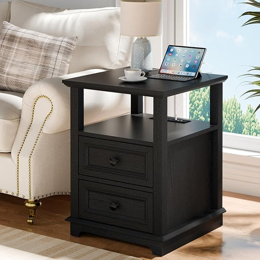 REDAYFUR End Table with Fast USB C Charging Station,18" Wide Sofa Side Table with 2 Drawers, Large Storage Rustic Wood Square Storage Cabinet for Living Room, Bedroom, Office, Black